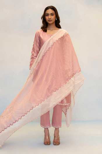 AM by Anita Mittal_Pink Silk, Chanderi Round Neck Seher Embroidered Anarkali Set _at_Aza_Fashions