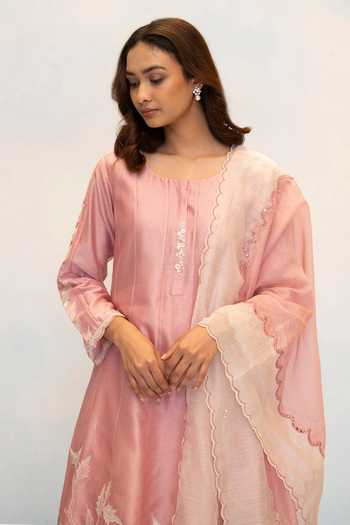 Buy_AM by Anita Mittal_Pink Silk, Chanderi Round Neck Seher Embroidered Anarkali Set 