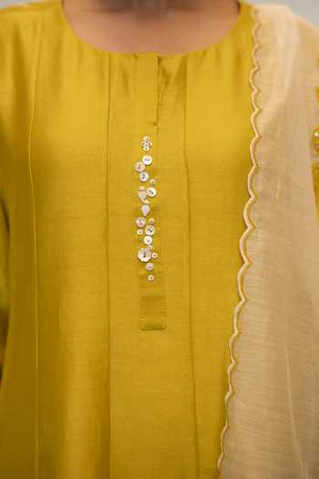 Shop_AM by Anita Mittal_Green Silk, Chanderi Round Neck Seher Anarkali Pant Set 