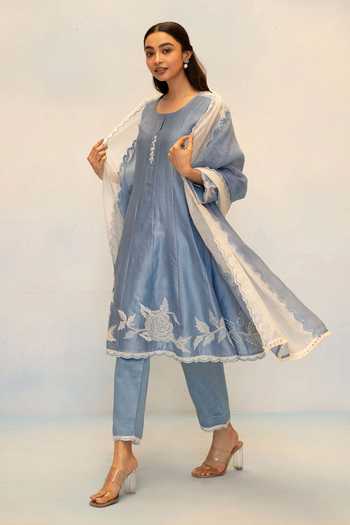 AM by Anita Mittal_Blue Silk, Chanderi Scoop Neck Seher Floral Embroidered Anarkali Set _Online_at_Aza_Fashions