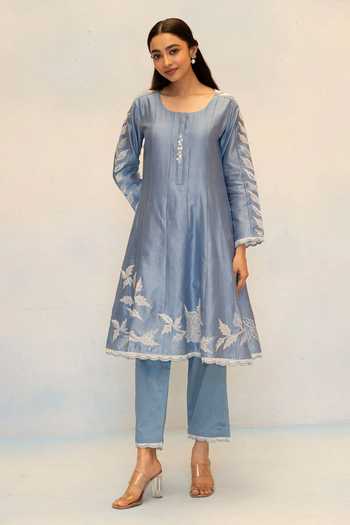 Shop_AM by Anita Mittal_Blue Silk, Chanderi Scoop Neck Seher Floral Embroidered Anarkali Set _Online_at_Aza_Fashions