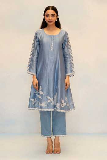 Shop_AM by Anita Mittal_Blue Silk, Chanderi Scoop Neck Seher Floral Embroidered Anarkali Set _at_Aza_Fashions