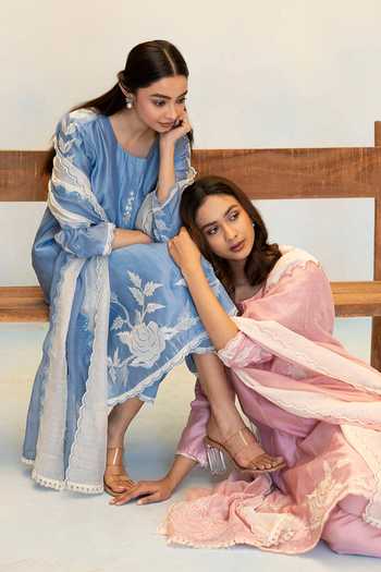 Shop_AM by Anita Mittal_Blue Silk, Chanderi Scoop Neck Seher Floral Embroidered Anarkali Set 