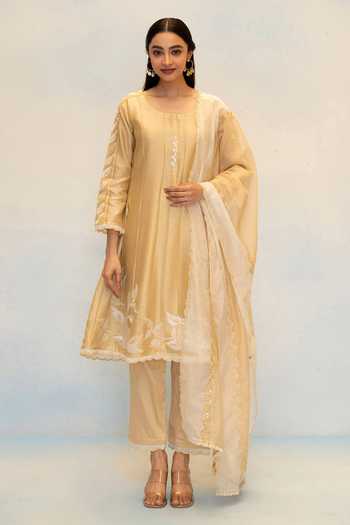 Buy_AM by Anita Mittal_Beige Silk, Chanderi Round Neck Seher Embroidered Anarkali Set _at_Aza_Fashions