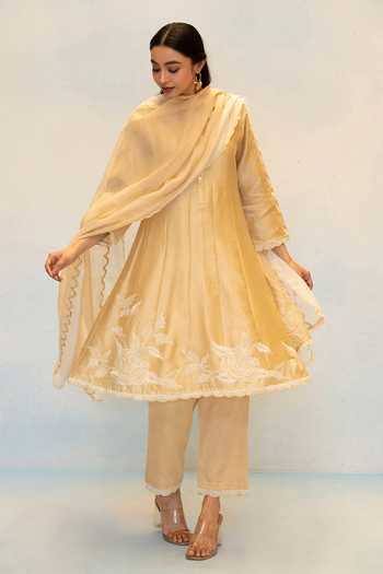 AM by Anita Mittal_Beige Silk, Chanderi Round Neck Seher Embroidered Anarkali Set _Online_at_Aza_Fashions