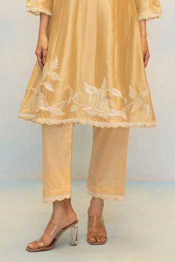 Buy_AM by Anita Mittal_Beige Silk, Chanderi Round Neck Seher Embroidered Anarkali Set _Online_at_Aza_Fashions