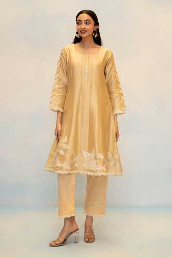 Shop_AM by Anita Mittal_Beige Silk, Chanderi Round Neck Seher Embroidered Anarkali Set _Online_at_Aza_Fashions
