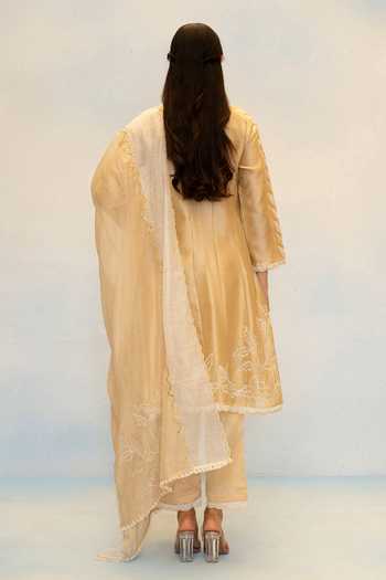 Shop_AM by Anita Mittal_Beige Silk, Chanderi Round Neck Seher Embroidered Anarkali Set _at_Aza_Fashions