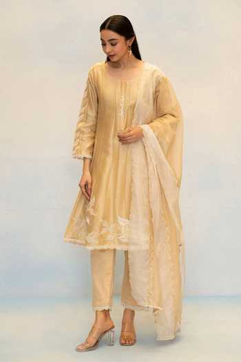AM by Anita Mittal_Beige Silk, Chanderi Round Neck Seher Embroidered Anarkali Set _at_Aza_Fashions