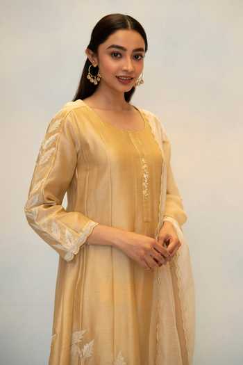 Buy_AM by Anita Mittal_Beige Silk, Chanderi Round Neck Seher Embroidered Anarkali Set 