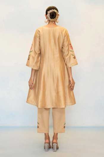 Shop_AM by Anita Mittal_Beige Silk, Chanderi Round Neck Gul Embroidered Anarkali Set _at_Aza_Fashions