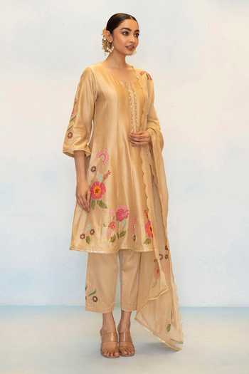 AM by Anita Mittal_Beige Silk, Chanderi Round Neck Gul Embroidered Anarkali Set _Online_at_Aza_Fashions