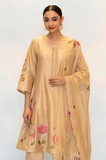 Shop_AM by Anita Mittal_Beige Silk, Chanderi Round Neck Gul Embroidered Anarkali Set _Online_at_Aza_Fashions