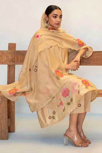 AM by Anita Mittal_Beige Silk, Chanderi Round Neck Gul Embroidered Anarkali Set _at_Aza_Fashions