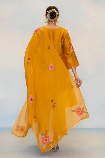Shop_AM by Anita Mittal_Gold Silk, Chanderi Round Neck Gul Embroidered Anarkali Set _at_Aza_Fashions