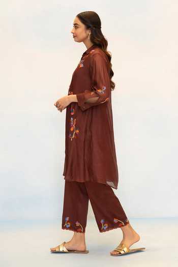 AM By Anita Mittal_Brown Chanderi Collared Neck Aab Cord Embroidered Kurta And Pant Set _Online_at_Aza_Fashions