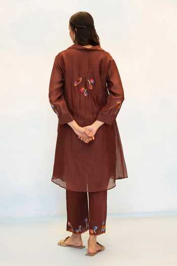 Shop_AM By Anita Mittal_Brown Chanderi Collared Neck Aab Cord Embroidered Kurta And Pant Set _at_Aza_Fashions