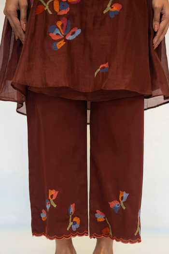 AM By Anita Mittal_Brown Chanderi Collared Neck Aab Cord Embroidered Kurta And Pant Set _at_Aza_Fashions