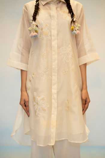 Buy_AM by Anita Mittal_White Chanderi Collared Neck Zara Thread Work Kurta And Pant Set 