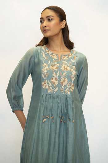 Buy_AM By Anita Mittal_Blue Chanderi Round Neck Noorani Embroidered A Line Kurta And Pant Set _Online_at_Aza_Fashions
