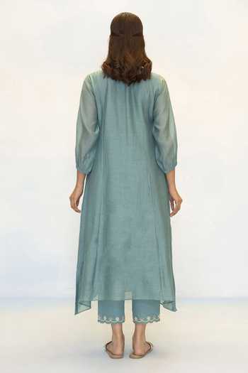 Shop_AM By Anita Mittal_Blue Chanderi Round Neck Noorani Embroidered A Line Kurta And Pant Set _at_Aza_Fashions