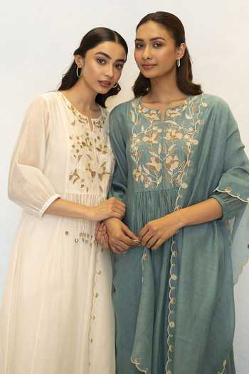 Shop_AM By Anita Mittal_Blue Chanderi Round Neck Noorani Embroidered A Line Kurta And Pant Set _Online_at_Aza_Fashions