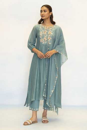 AM By Anita Mittal_Blue Chanderi Round Neck Noorani Embroidered A Line Kurta And Pant Set _at_Aza_Fashions