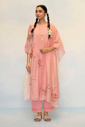 Buy_AM By Anita Mittal_Pink Chanderi Round Neck, Yes Meher Mul Tunic And Pant Set _at_Aza_Fashions