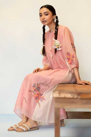 Buy_AM By Anita Mittal_Pink Chanderi Round Neck, Yes Meher Mul Tunic And Pant Set _Online_at_Aza_Fashions