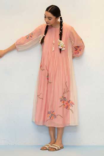 Shop_AM By Anita Mittal_Pink Chanderi Round Neck, Yes Meher Mul Tunic And Pant Set _Online_at_Aza_Fashions