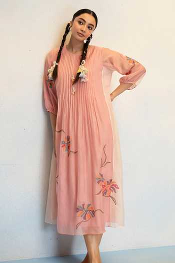 Shop_AM By Anita Mittal_Pink Chanderi Round Neck, Yes Meher Mul Tunic And Pant Set 