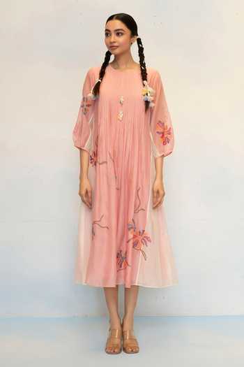 AM By Anita Mittal_Pink Chanderi Round Neck, Yes Meher Mul Tunic And Pant Set _Online