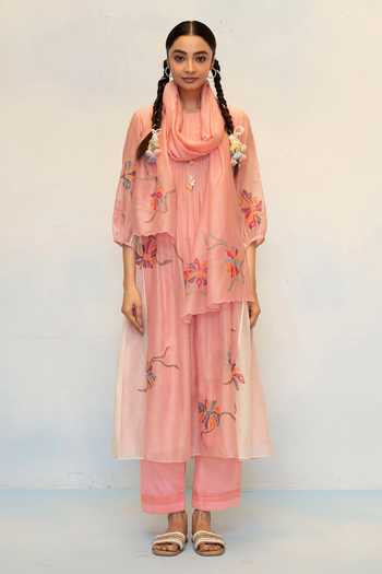 Buy_AM By Anita Mittal_Pink Chanderi Round Neck, Yes Meher Mul Tunic And Pant Set _Online