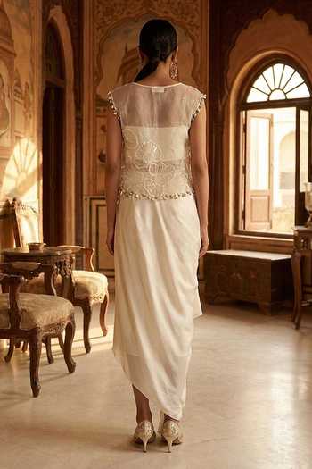 Shop_Aditi Somani_Off White Organza Round Neck Applique Top With Skirt _at_Aza_Fashions