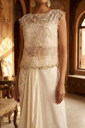 Buy_Aditi Somani_Off White Organza Round Neck Applique Top With Skirt _Online_at_Aza_Fashions