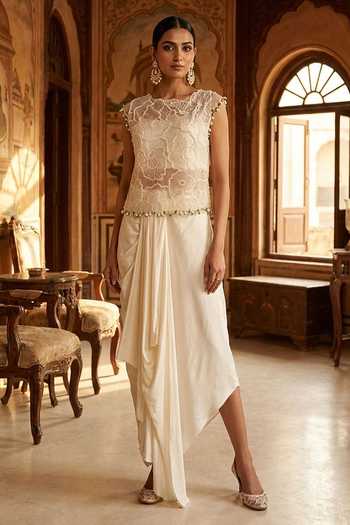 Buy_Aditi Somani_Off White Organza Round Neck Applique Top With Skirt _at_Aza_Fashions