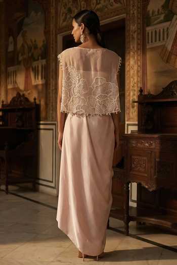 Shop_Aditi Somani_Peach Organza Round Neck Applique Work Blouse And Skirt Set _at_Aza_Fashions