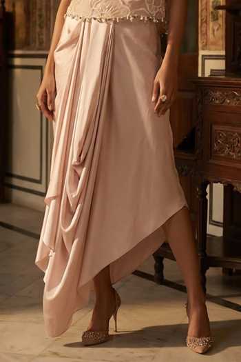 Aditi Somani_Peach Organza Round Neck Applique Work Blouse And Skirt Set _Online_at_Aza_Fashions