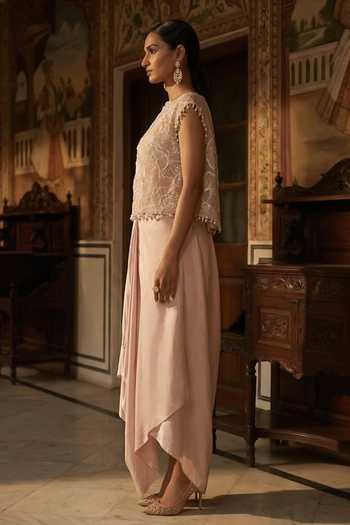 Buy_Aditi Somani_Peach Organza Round Neck Applique Work Blouse And Skirt Set _Online_at_Aza_Fashions