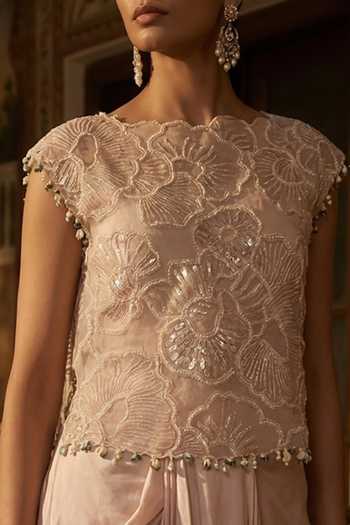 Shop_Aditi Somani_Peach Organza Round Neck Applique Work Blouse And Skirt Set _Online_at_Aza_Fashions