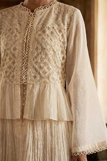 Aditi Somani_Off White Chanderi Mandarin Collar Dress And Top Set _Online_at_Aza_Fashions