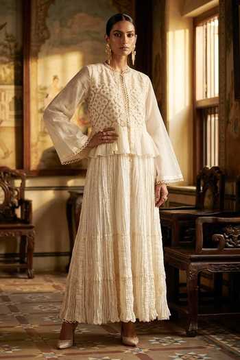 Buy_Aditi Somani_Off White Chanderi Mandarin Collar Dress And Top Set _Online_at_Aza_Fashions