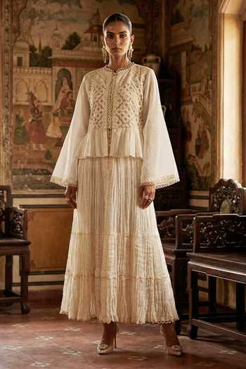 Buy_Aditi Somani_Off White Chanderi Mandarin Collar Dress And Top Set _at_Aza_Fashions