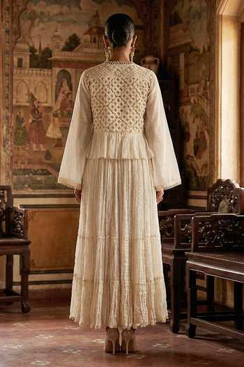 Buy Off White Chanderi Mandarin Collar Dress And Top Set For Women