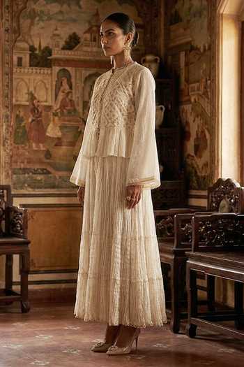 Shop_Aditi Somani_Off White Chanderi Mandarin Collar Dress And Top Set _Online_at_Aza_Fashions