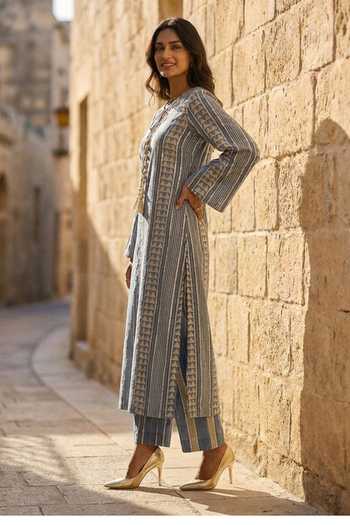 Aditi Somani_Blue Denim V-neck, Yes Gota Embroidered Kurta And Pant Set _Online_at_Aza_Fashions