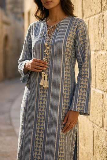 Buy_Aditi Somani_Blue Denim V-neck, Yes Gota Embroidered Kurta And Pant Set _Online_at_Aza_Fashions