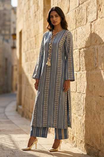 Buy_Aditi Somani_Blue Denim V-neck, Yes Gota Embroidered Kurta And Pant Set _at_Aza_Fashions