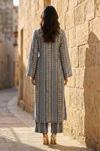 Shop_Aditi Somani_Blue Denim V-neck, Yes Gota Embroidered Kurta And Pant Set _at_Aza_Fashions