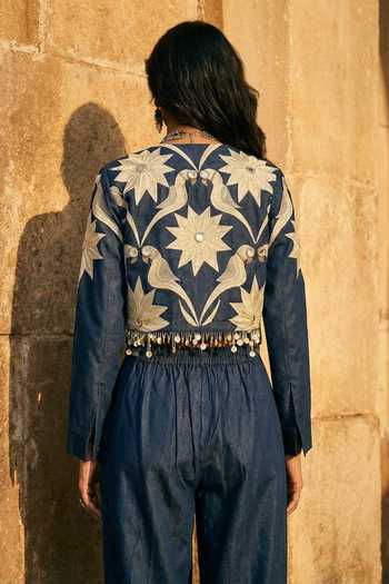 Aditi Somani_Blue Denim Open Neck Jacket And Pleated Pant Set _Online_at_Aza_Fashions